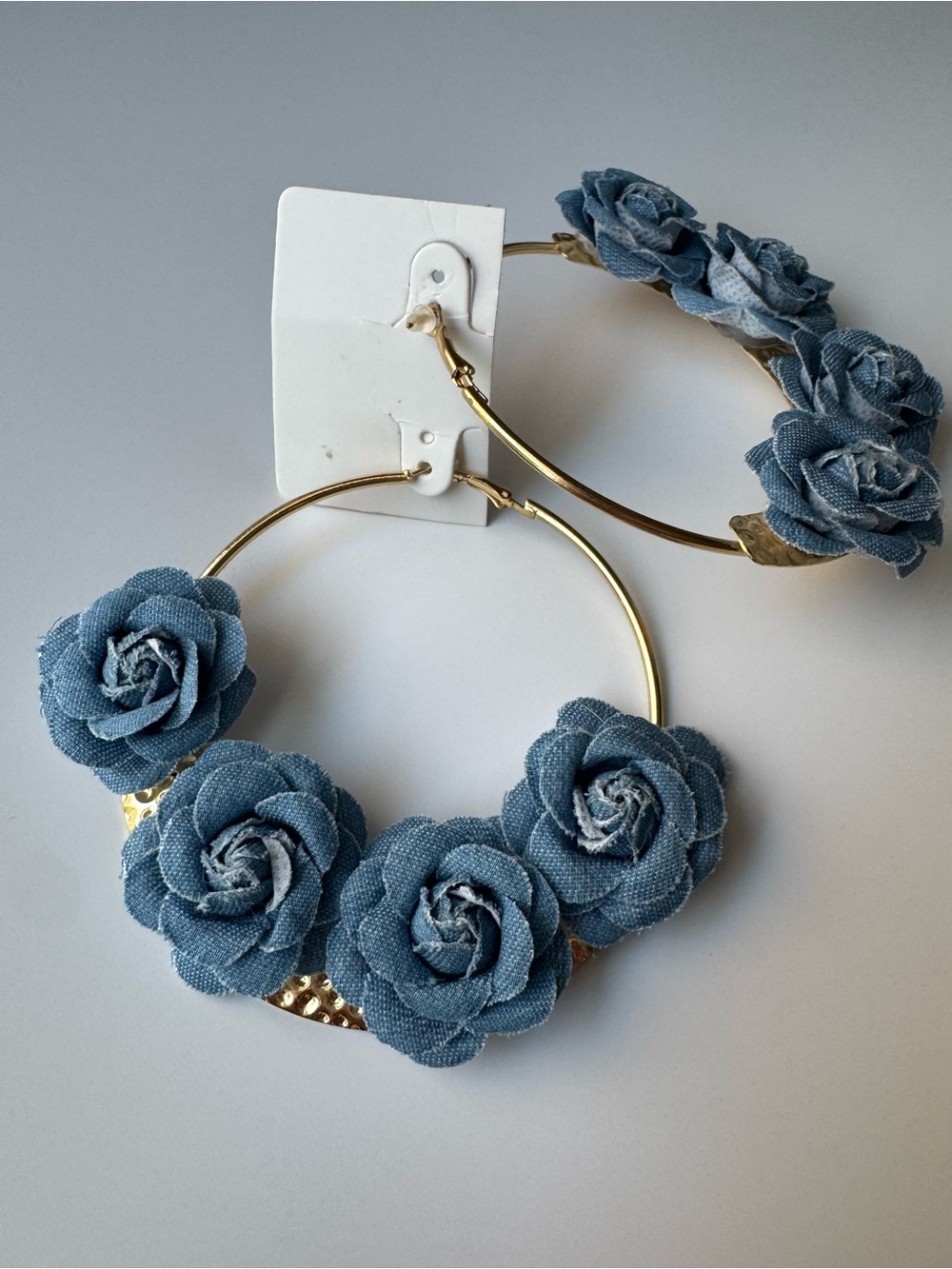 Gold Hoop Earrings with Blue Fabric Rose Accents